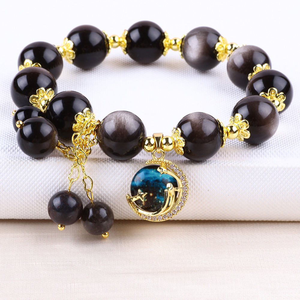 Genuine Stone 12MM Silver Obsidian Round Star With Moon Charm Crystal Bead Bracelet