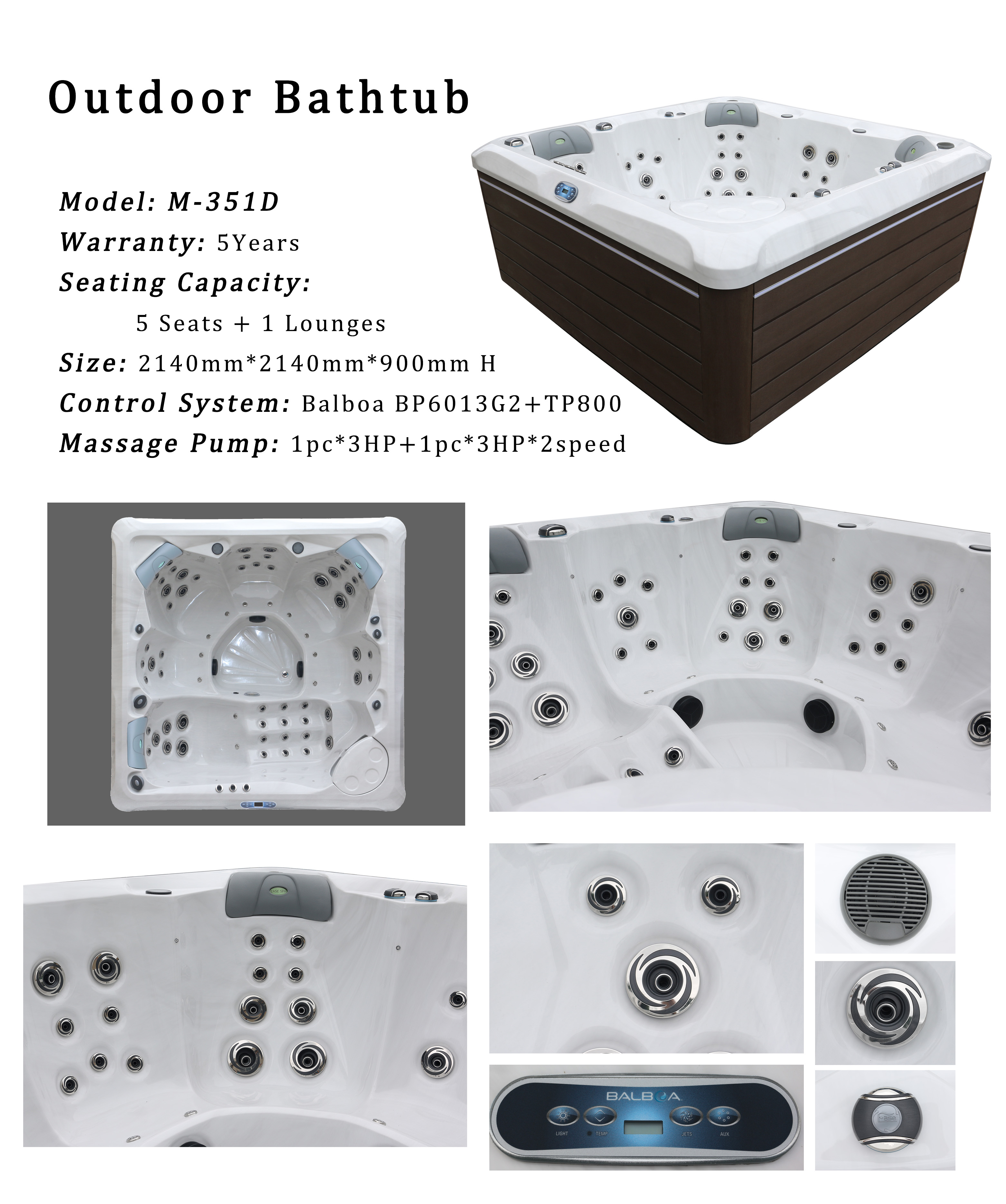 Luxury Whirlpool Massage Bathtub Outdoor Hydro Spa Hot Tub