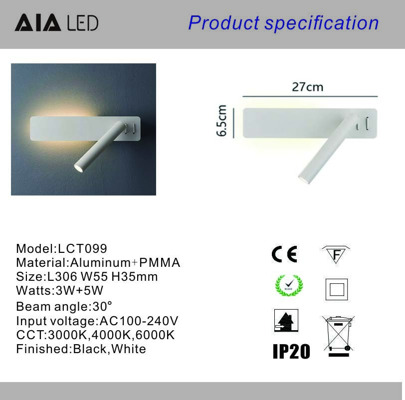 Modern Reading Book Light Indoor Surface Mounted Aluminum Frosted Led Flexible Living Room Bedroom Bed Bedside Wall Lamp