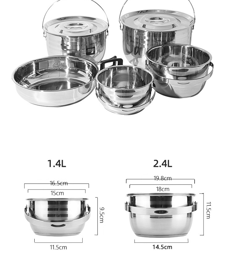 Best Selling Silver Stainless Steel 201 Round Outdoor Dinner Cooking Pot Sets Camping Soup Pot And Frying Pan Sets