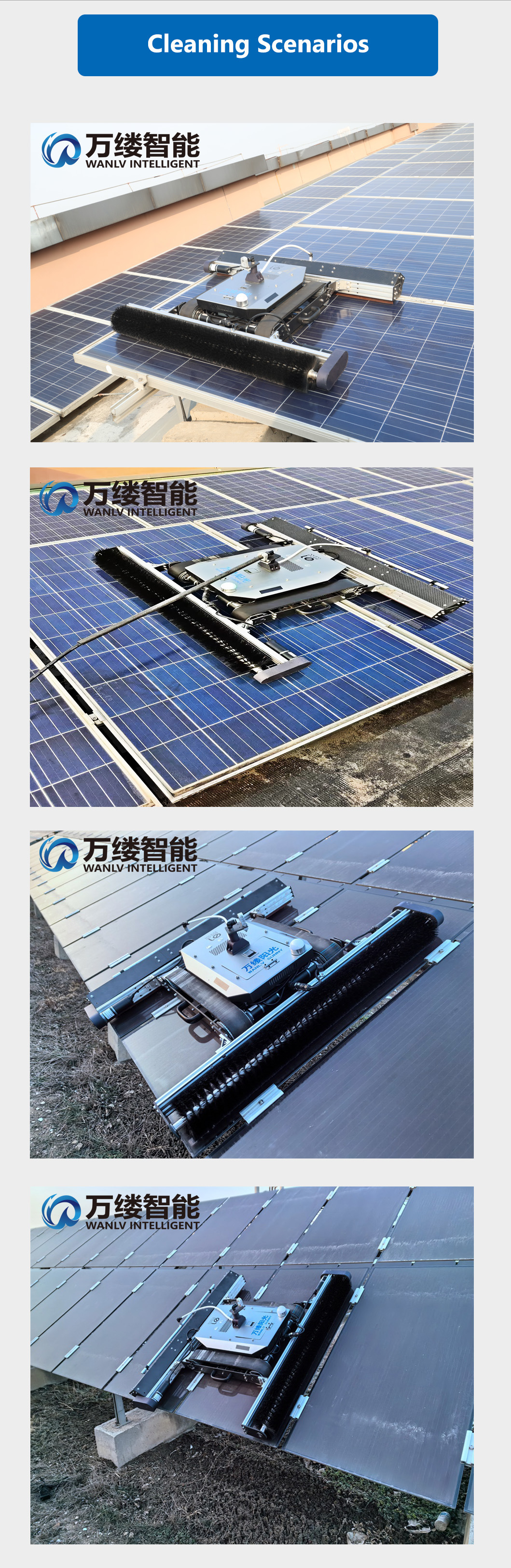 Solar Panel Cleaning Robot with Water Spray Nozzle and Rotating Brush