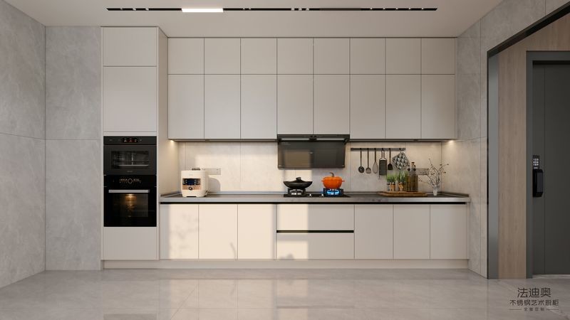 Fadior Double-Line Layout Beige Stainless Steel Modern Kitchen Cabinet