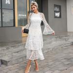 High Neck Ladies Lace Dresses Balloon Long Sleeve Lace Up Dress With Elastic