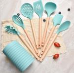 Non Stick Silicone Wooden Handle Kitchen Utensil Set 8 Pcs Silicone Utensil