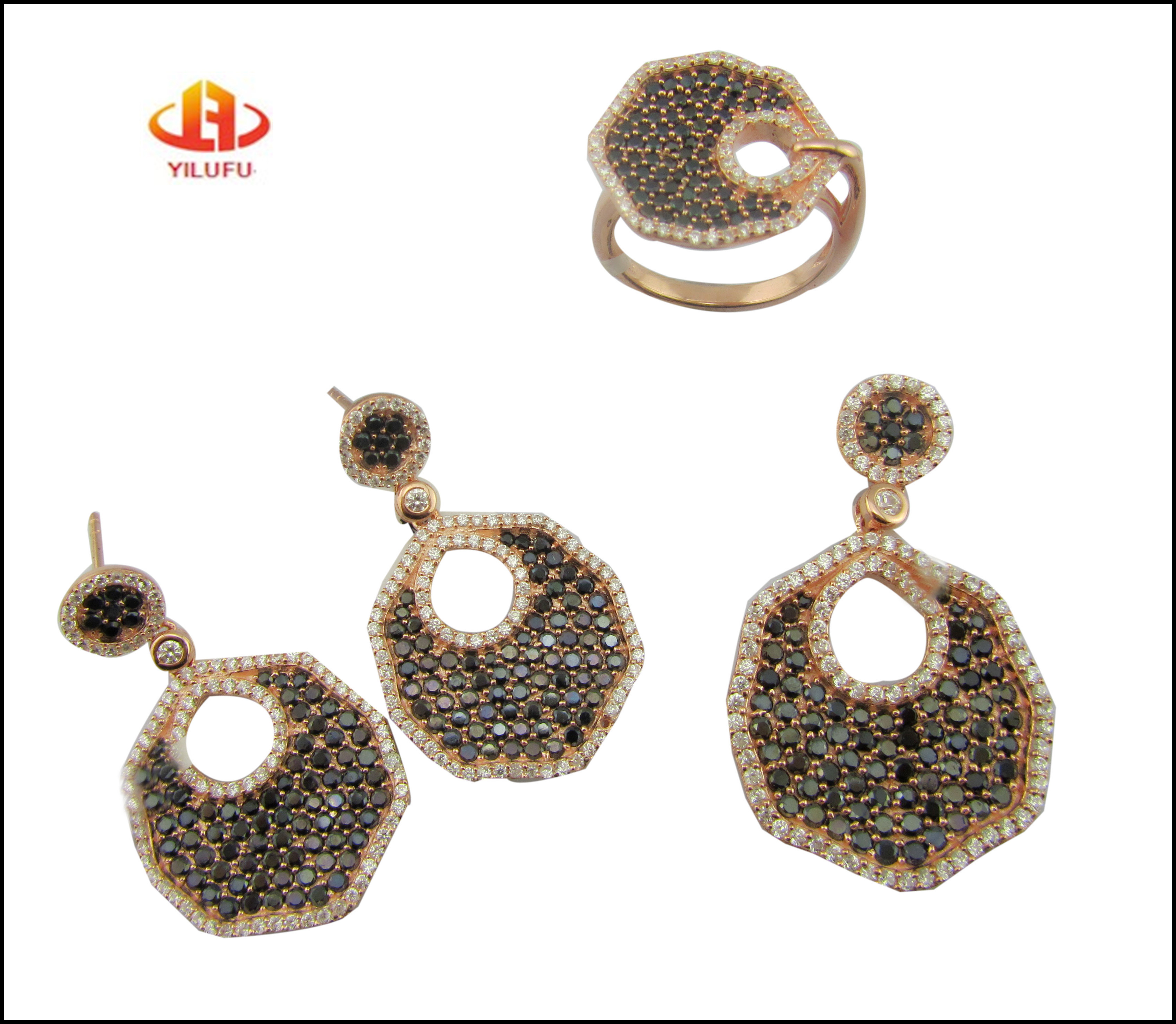 925 Silver Jewelry Set With Custom Logo Bezel Pave Prong Settings And CZ Stones