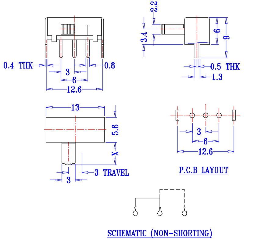 DC12V 50mA 1P2T 2 Position 3 Pin Horizontal Push Button Tact Switch