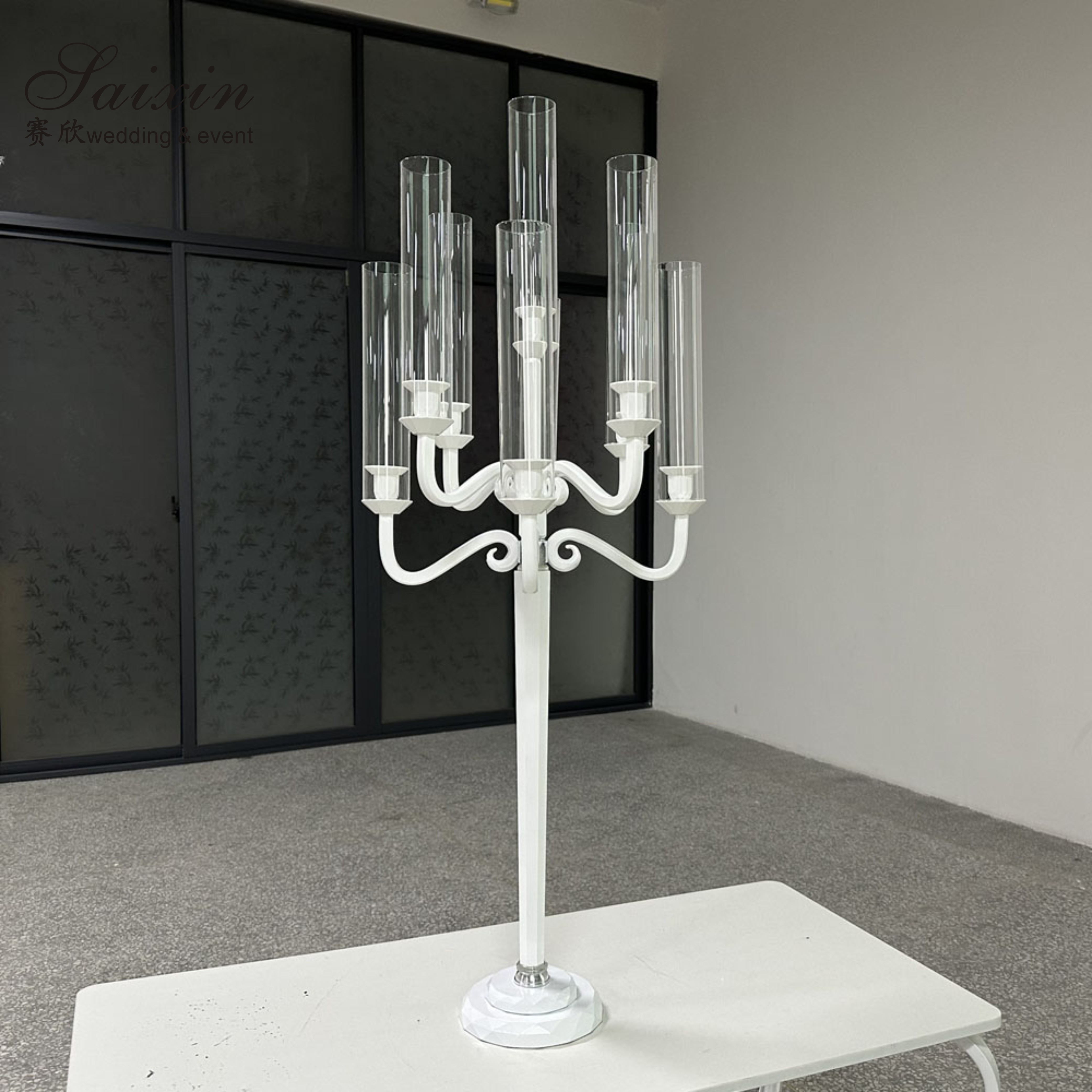 ZT-271W Wedding Supplies 9 arms wedding crystal white glass candelabra for wedding table centerpieces