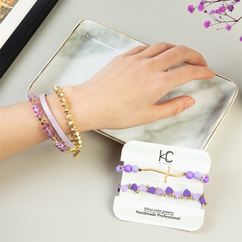 Purple Heart Crystal Beads Bracelet Set With Adjustable 0.7mm Elastic Cord