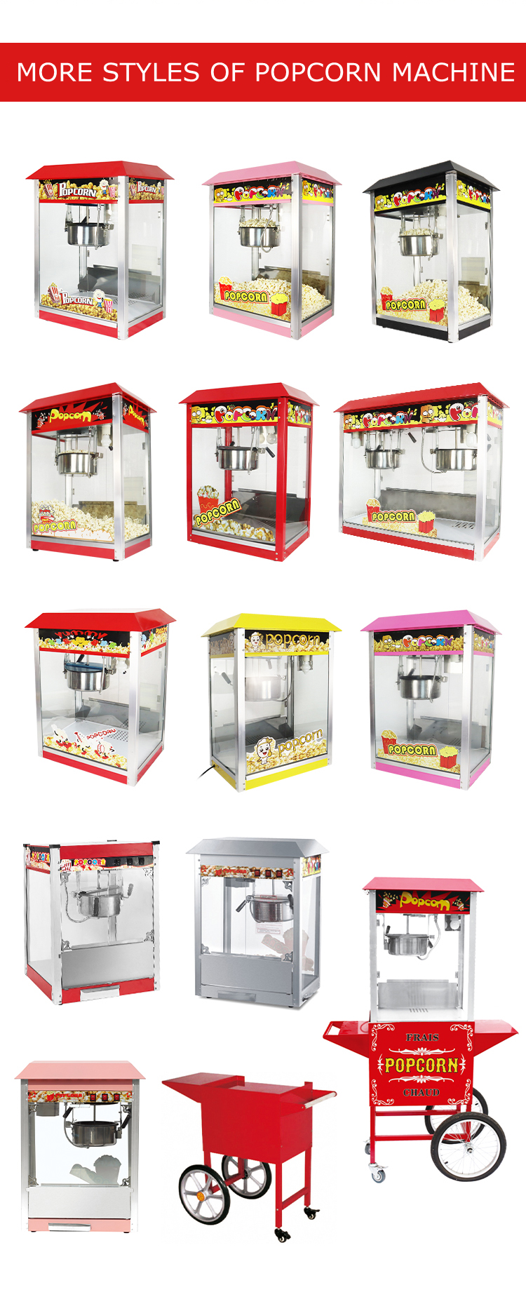 110-240V/50-60HZ Healthy Food Grade SS Material Commercial Popcorn Machine With Cart