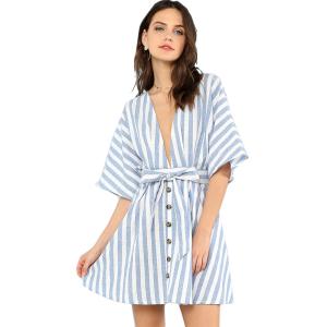 Wholesale Women Sweet V Neck Tied Open Back Striped Dress With Tassel from china suppliers
