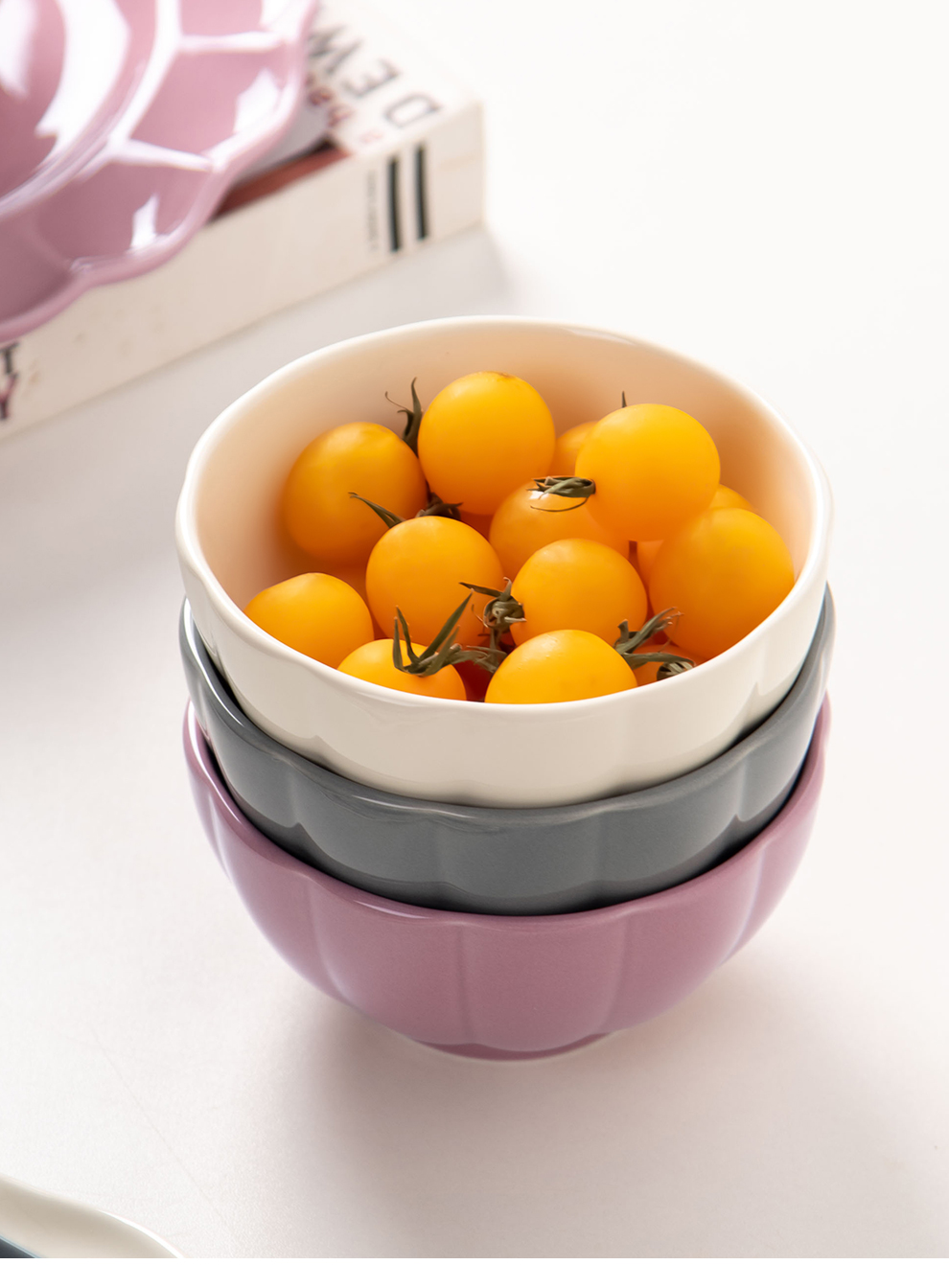 2023 Nordic Style Porcelain Rice Bowl Mini Ceramic Bowl Solid Color Pumpkin Bowl Pink White Gray