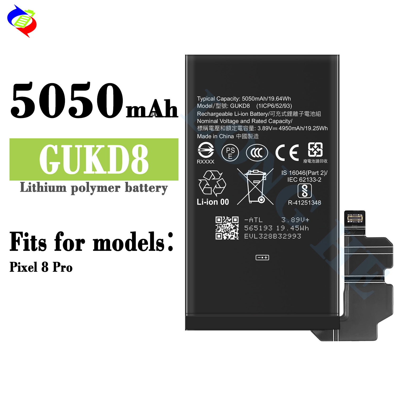 Black Mobile Phone Battery For Pixel 8 Pro 3.89V 5050 mah GUKD8 Lithium ion Replacement