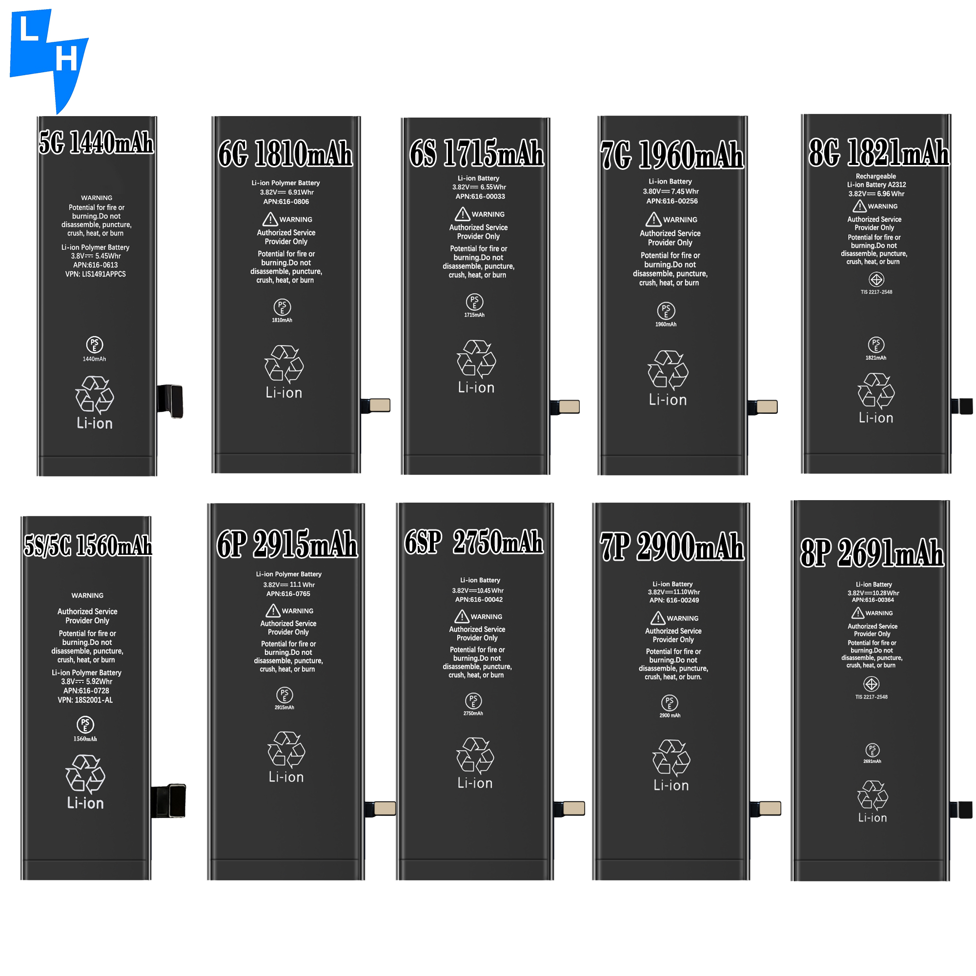 Rechargeable Batteries for 5G 5S 5C 6G 6S 6P 6SP 7G 7P 8G 8P Mobile Phone Rechargeable