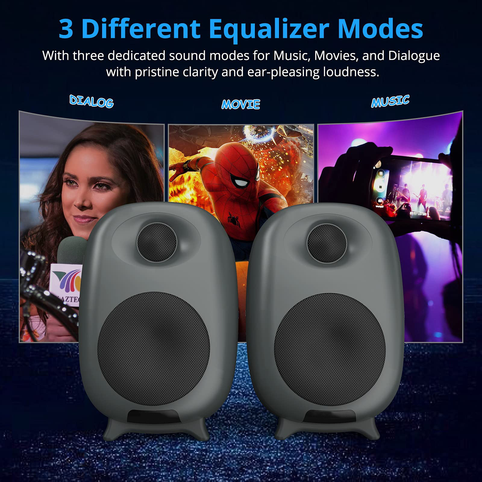 Three Equalizer Mode Powered Wireless Bookshelf Speakers Metal Grey Color For TV