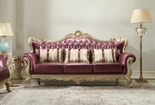 Purple Genuine leather three seat Sofa in Luxury carving Furniture European