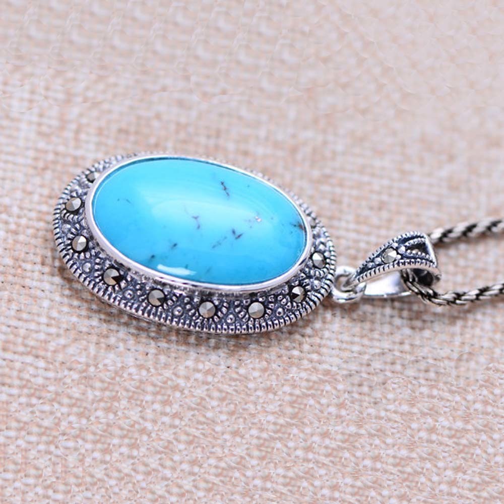 Women Vintage Necklace Sterling Silver Oval Turquoise Marcasite Charm Pendant （XH052566 ）