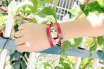 Triple wrap red leather bracelets brass flower charm