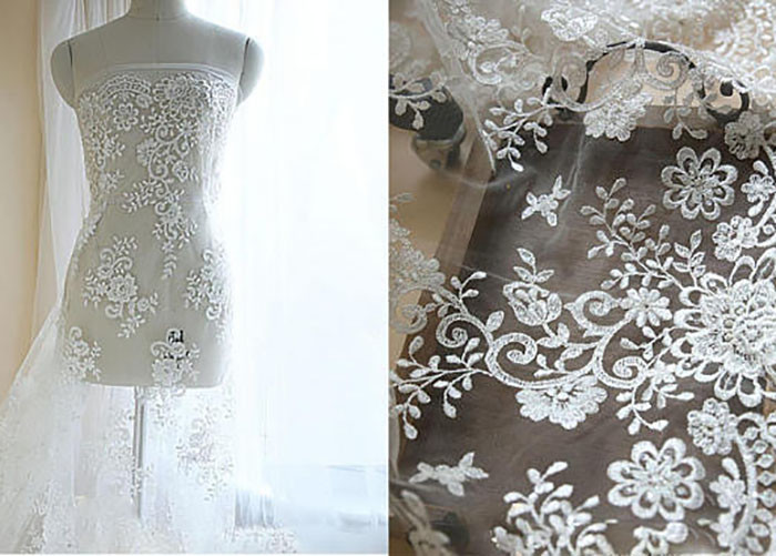 Silver Sequin Corded Lace Fabric , Embroidered Floral Wedding Tulle Fabric Shrink Resistant