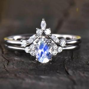 Wholesale 925 Sterling Silver Natural Stone Jewelry Rainbow Blue Moonstone Wedding Ring Set from china suppliers