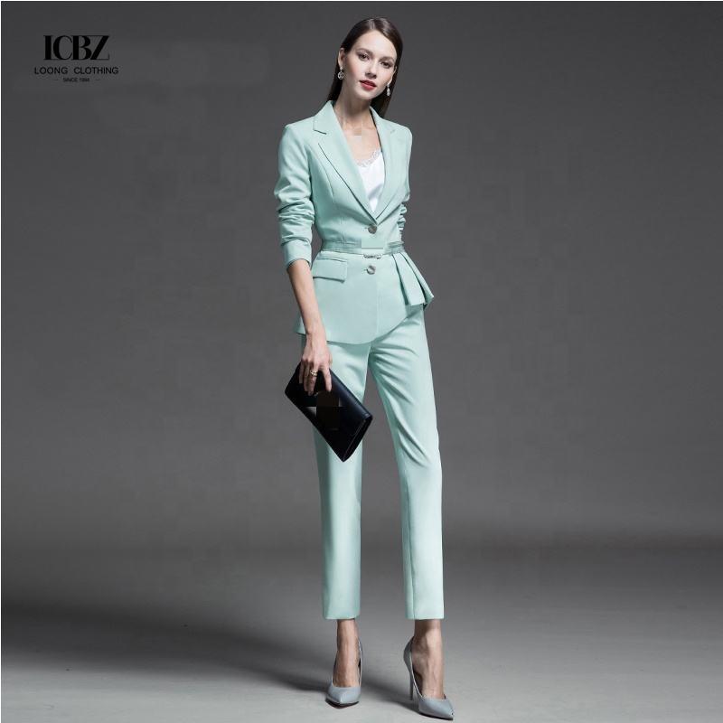 2021 Fashion Women's Slim Formal Office Skirt Suit with V-neck Collar and Full Sleeves