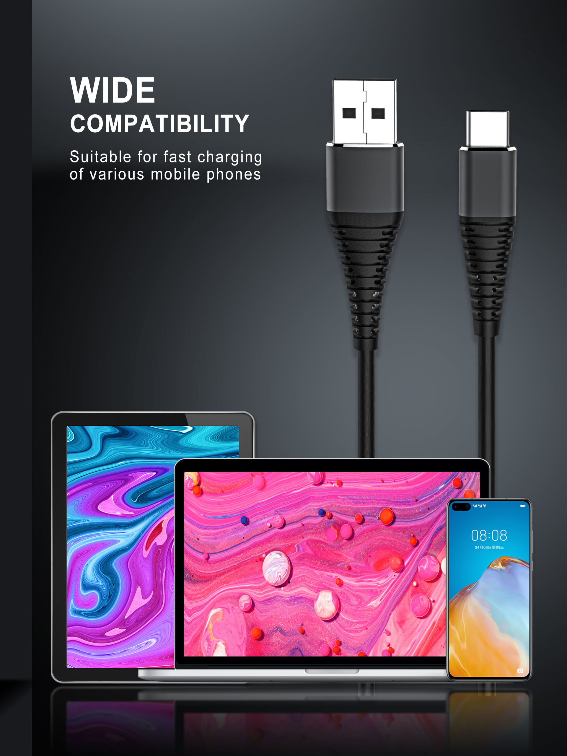 3A USB Type A To USB C Port Cable , 6FT Moto Z Usb C Phone Charger Cable