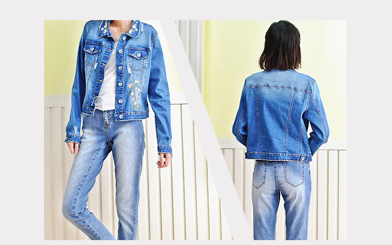 Fancy Embroidery Jeans Coat For Women , Stretch Ladies Blue Denim Jacket