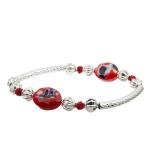Leopard Print Glass Crystal Charm Bracelet With Red Silver Beads