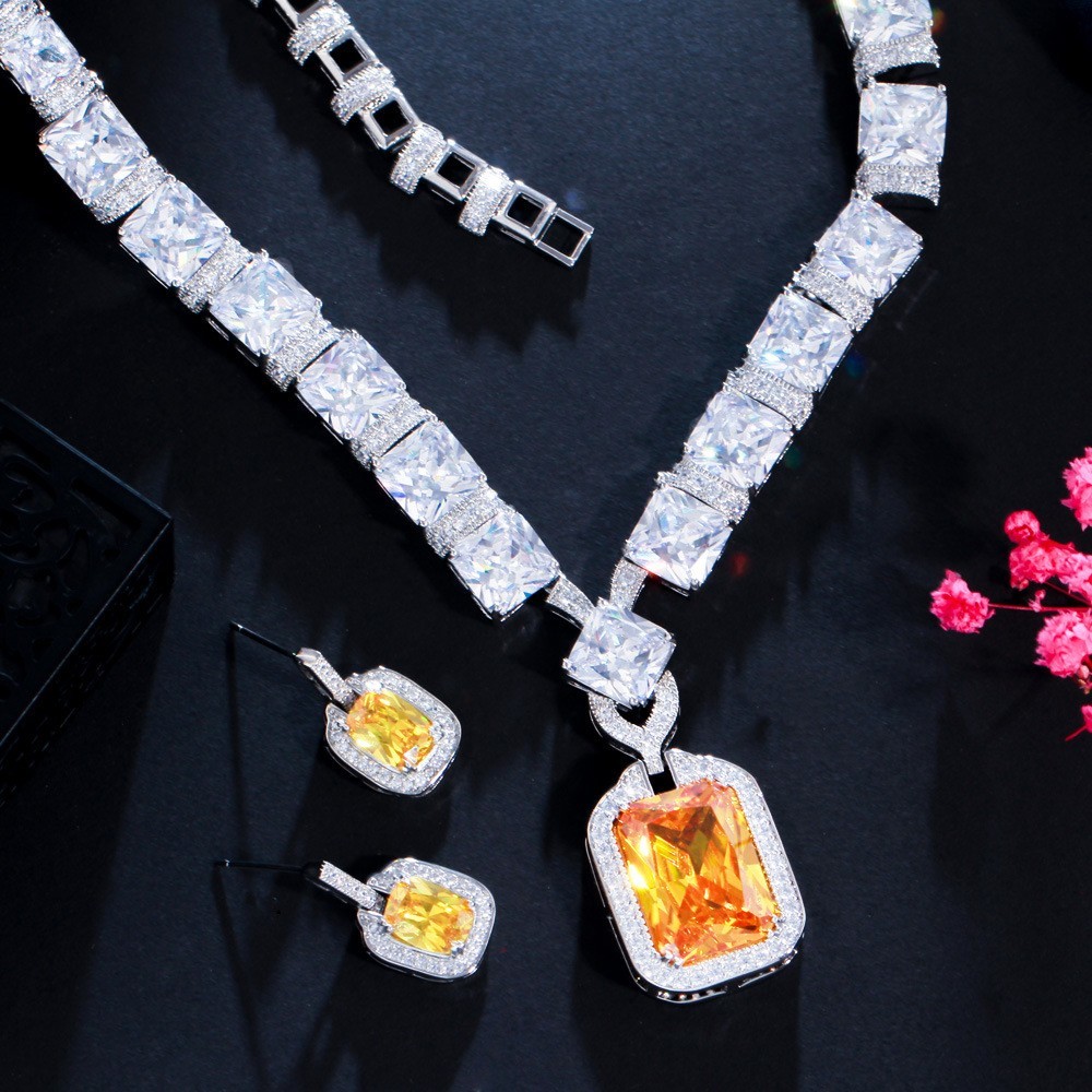 Square Shaped Pendant Necklace with Dazzling CZ Fashion Necklace Bracele Earring Wedding Necklace Jewelry Sets