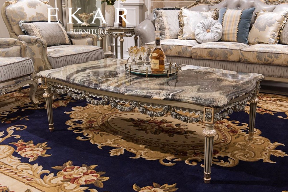 Marble Top Solid Wood Coffee Table Design Hand Carved Rose Table