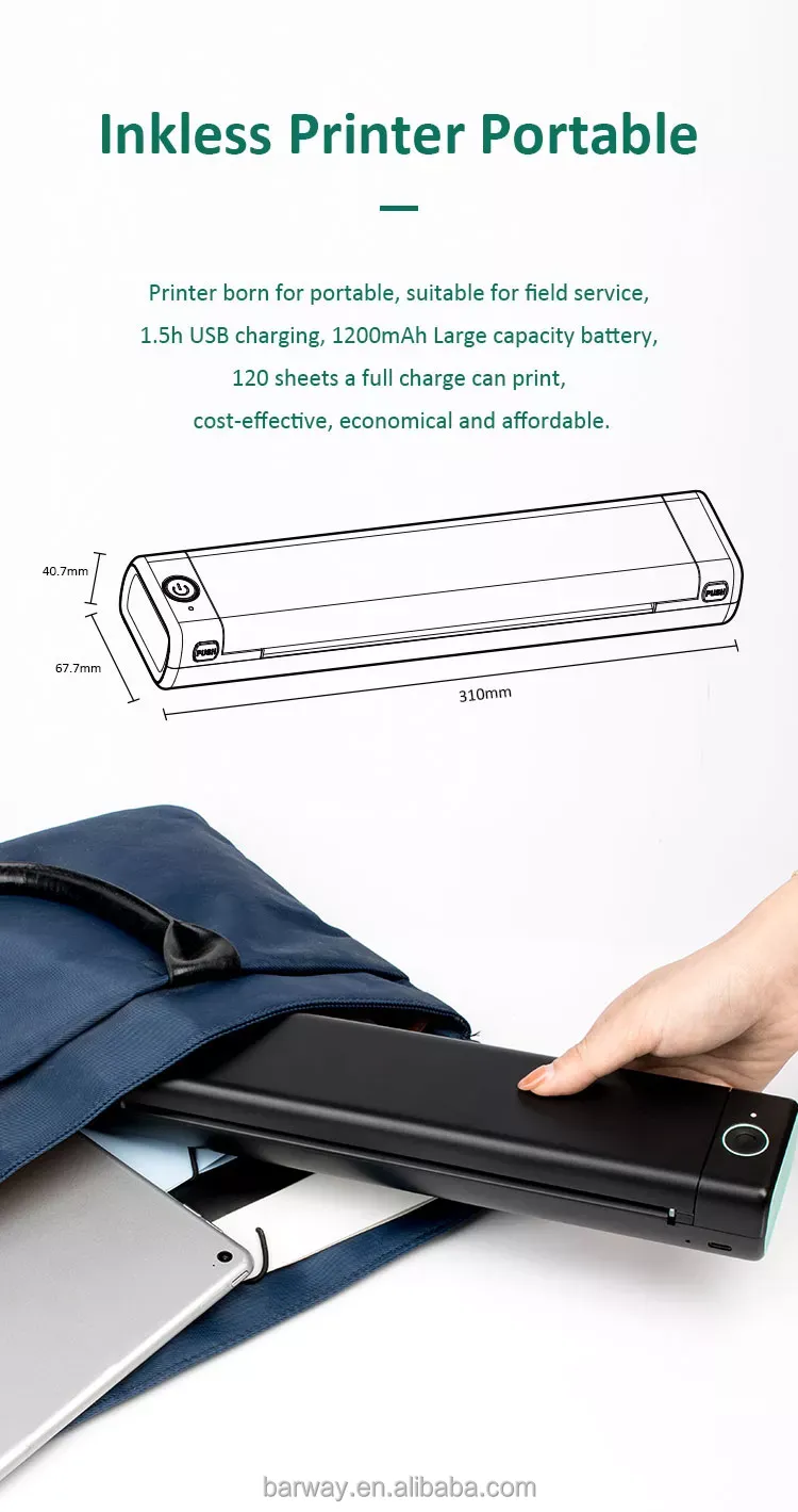 M08F Portable A4 Size Mini Wireless Thermal Printer Mobile Printer With Blue Tooth