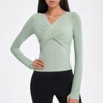 Cross Folded Ladies Yoga Tops Long Sleeve V Neck Sports Shirts With Thumb Hole