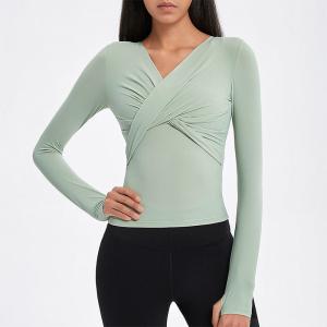Wholesale Cross Folded Ladies Yoga Tops Long Sleeve V Neck Sports Shirts With Thumb Hole from china suppliers