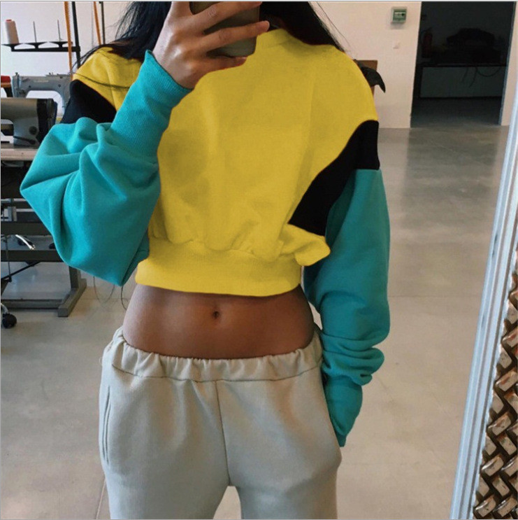 Sports Stitching Fleece Anti Pilling Women Crop Hoodie Sweatshirt