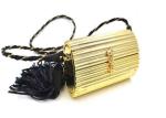 Ladies Earthly Solid Gold Coloured Clutch Bags With Black Pu Leather Tassel