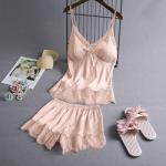Summer Sleeveless Ice Silk Sexy Suspenders Knickers Lace Satin Pajama Set For