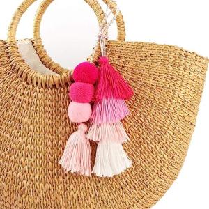 Wholesale Colorful Bohemian Pompom Tassel Keychain Handbags Straw Bag Charms Ornaments Key Ring Pompom Pendant from china suppliers