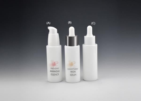 BG-194Q-30, 1oz cylindrical opal white cosmetics glass bottle, opaque glass