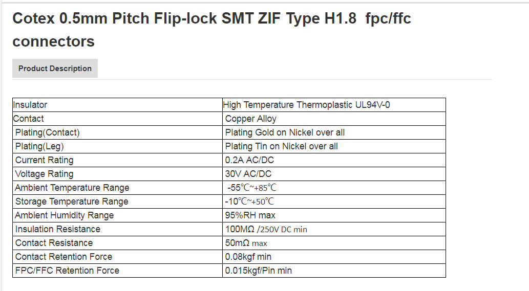 0.5mm Pitch Flip-lock SMT ZIF Type H1.8 fpc/ffc connectors