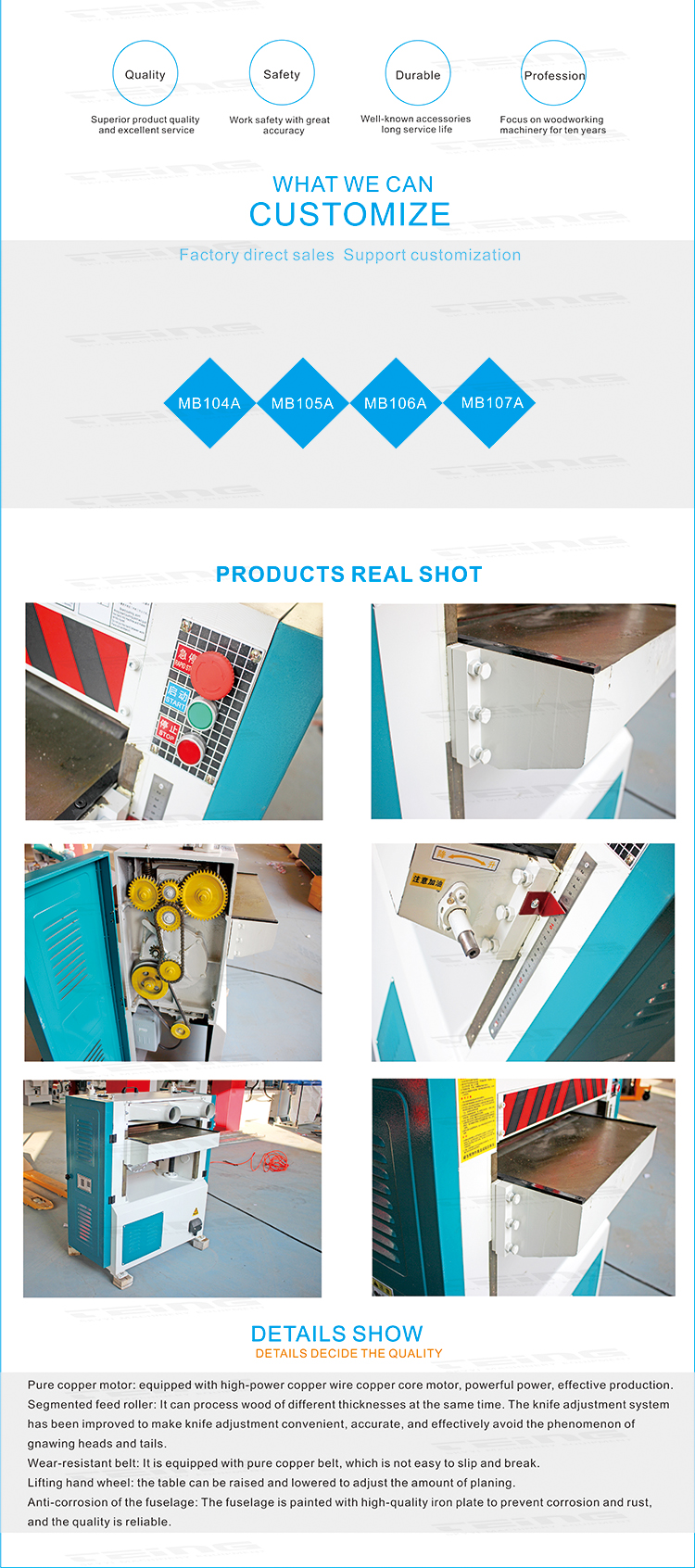 Sliding Table Wood Planer Thicknesser Machine for Woodworking from Qingdao TEING MB106A