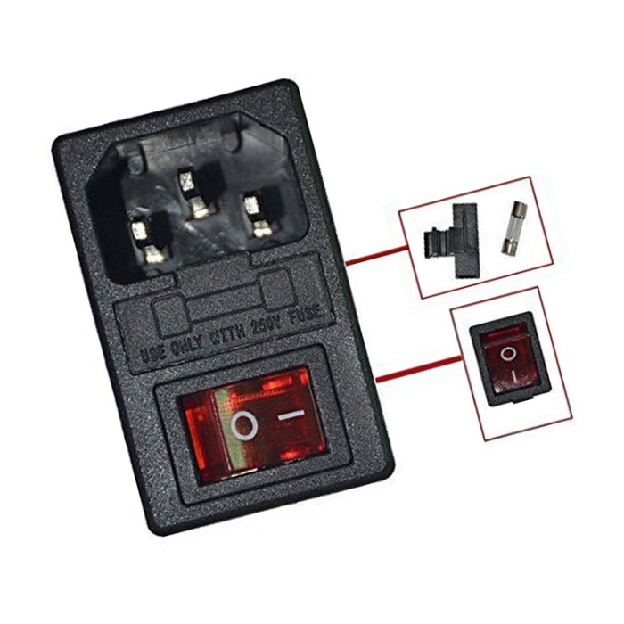 EC320 C14 Red Light Rocker Switch Fused Fuse Inlet Male Connector Plug 125V 10A