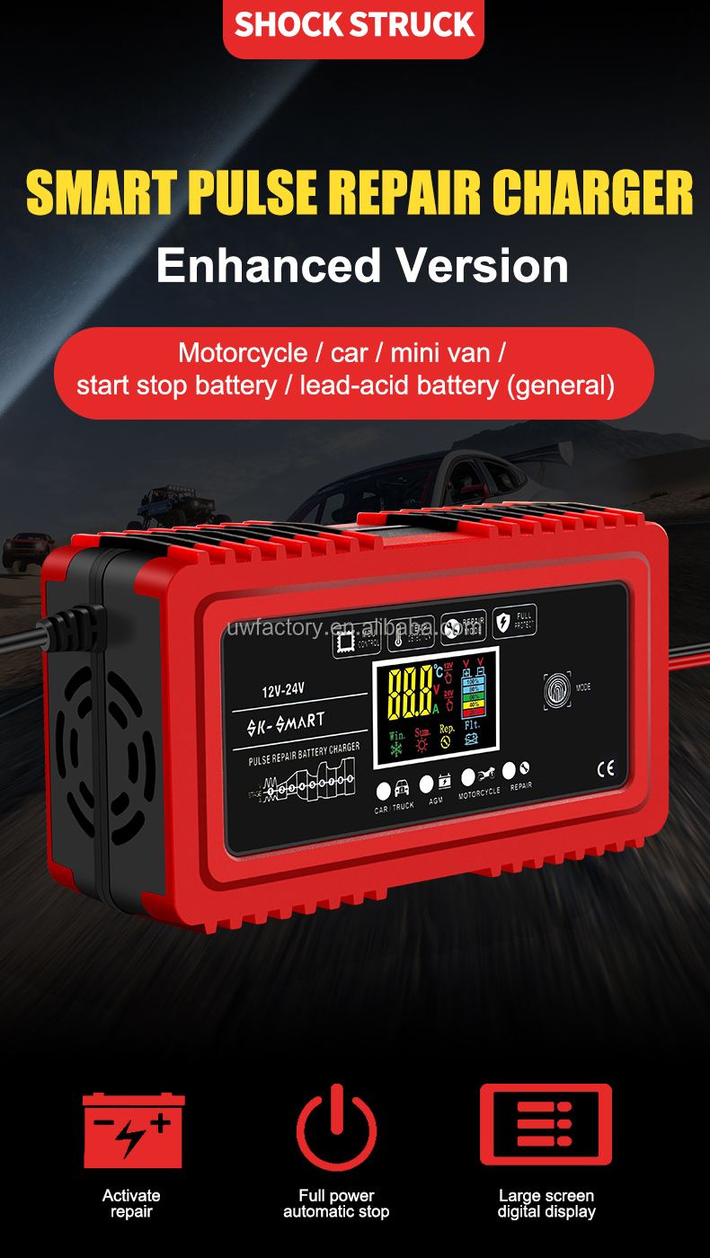Advanced Technology 12V 12A 24V 6A Pulse Repair Lead Acid Battery Charger with 15W/10W/7.5W/5W Automatic Identification
