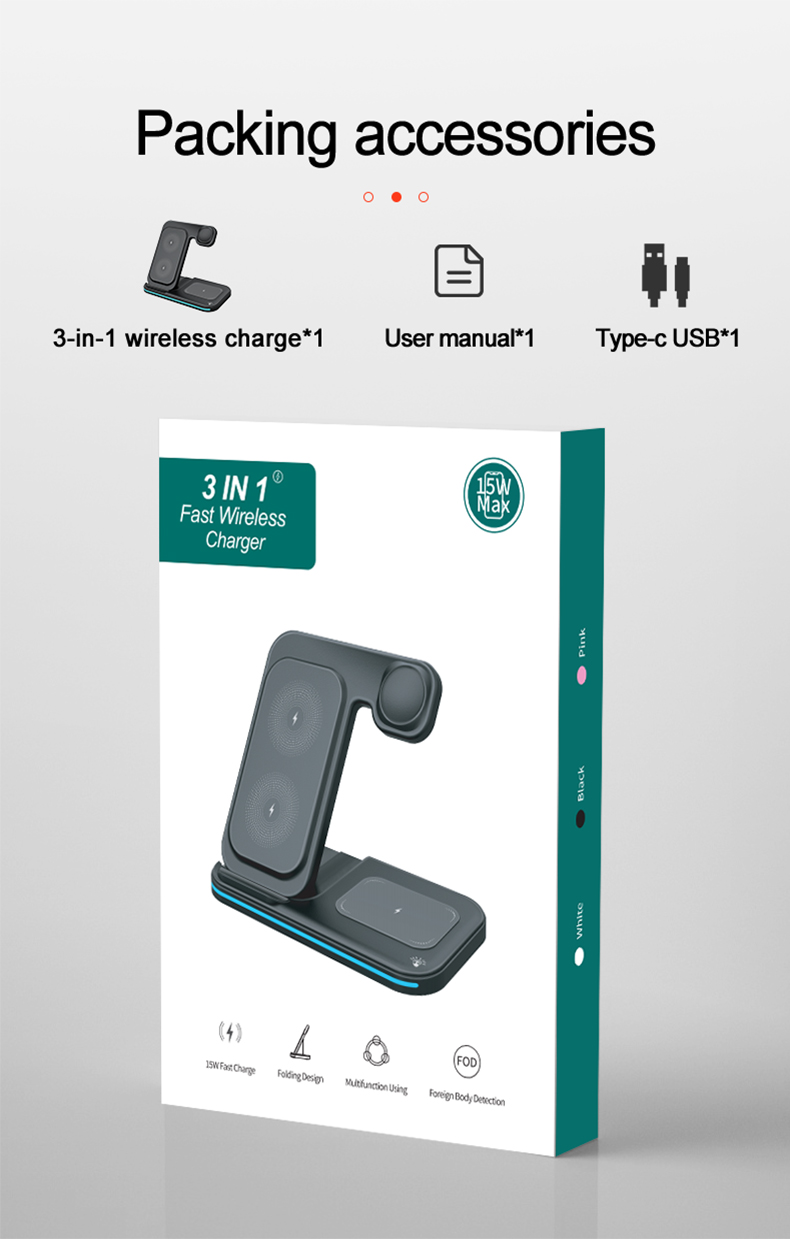 15W Fast Charging Multifunction 3 In 1 Foldable Wireless Charger Stand For Iphone 15 14 13 11 Pro Max