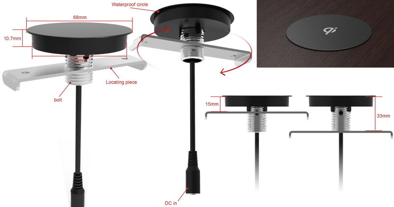Embedded Hidden Wireless Charger , 10W 7.5W 5W Mount Wireless Charger Under Desk