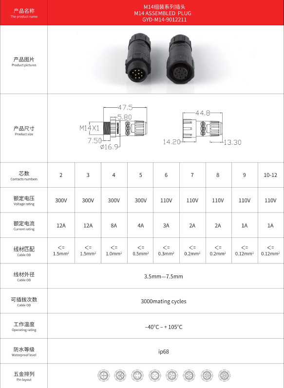 Aviation Cable Connection Line M14 Nylon Waterproof Plug Wire-to-wire butt welded quick-connect socket