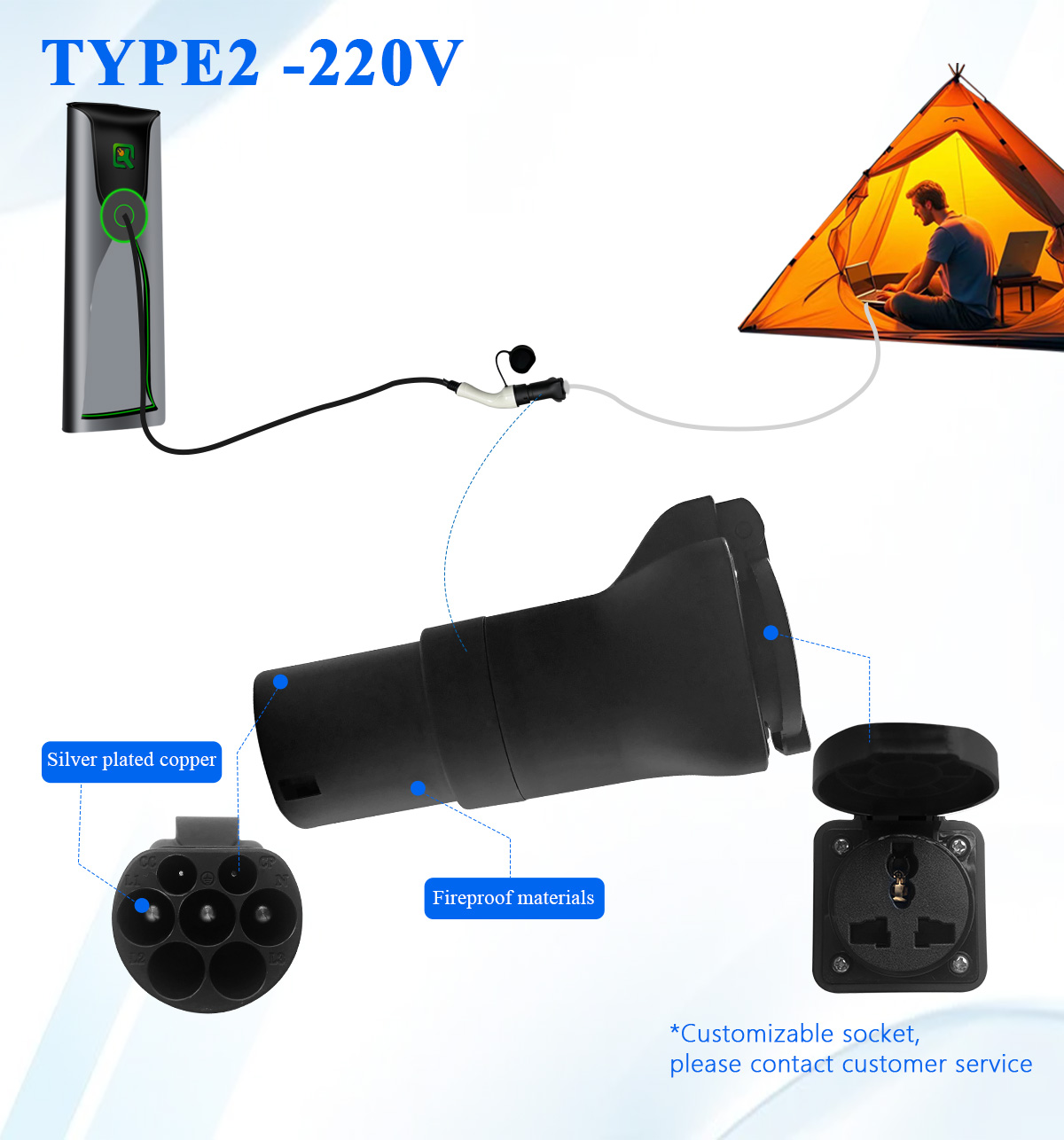 CE Certified Type 2 EV Charging Station Adapter Male Plug to Schuko Socket 220V AC for Power Supply