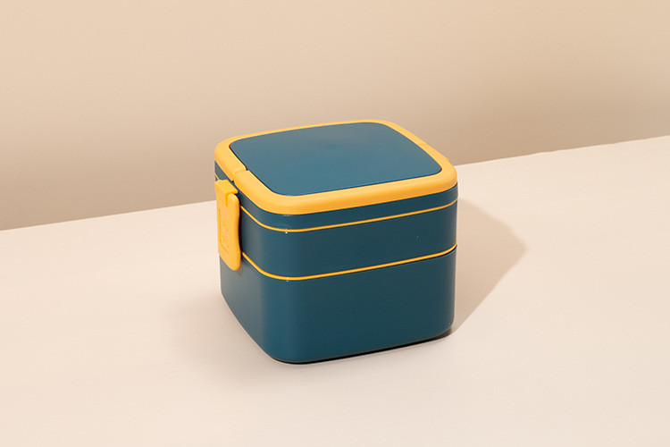 Double-Layer Portable Plastic Bento Lunch Box With Lid 1000ML Rectangular Blue