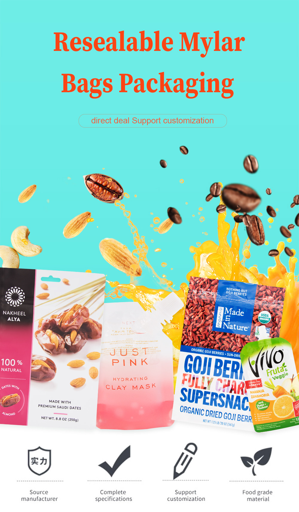 Plastic Stand-Up Pouch Food Packaging Bag For Self-Sealing Biodegradable Paper Bag