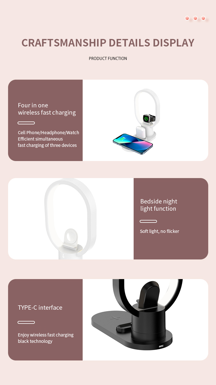 Fast Charger 4 In 1 Multifunction 15W Wireless Charger With Table Lamp for Mobile Phone