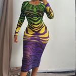 Round Neck Long Sleeve Sexy Women Dresses Polynesian Ethnic Floral