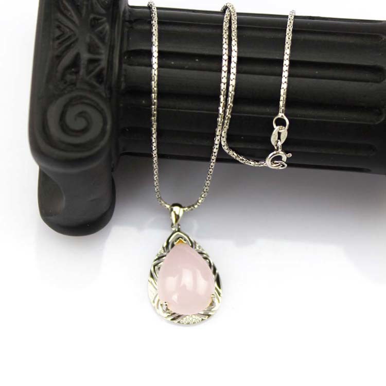 Women Silver Jewelry Pear Shaped Rose Quartz Cubic Zircon Pendant (P13)